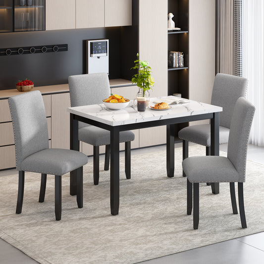 TREXM 5-Piece  Dining Table Set for 4, Modern Kitchen Table and Chairs Set of 4, Marble Dining Table with 4 Upholstered Chairs for Small Space (White/Light Gray+Black)