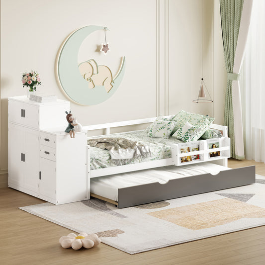 Twin Size Wood Platform Bed with Sample Bookshelf and Movable Wardrobe, Multifunctional Bed with Built-in Trundle Bed, White