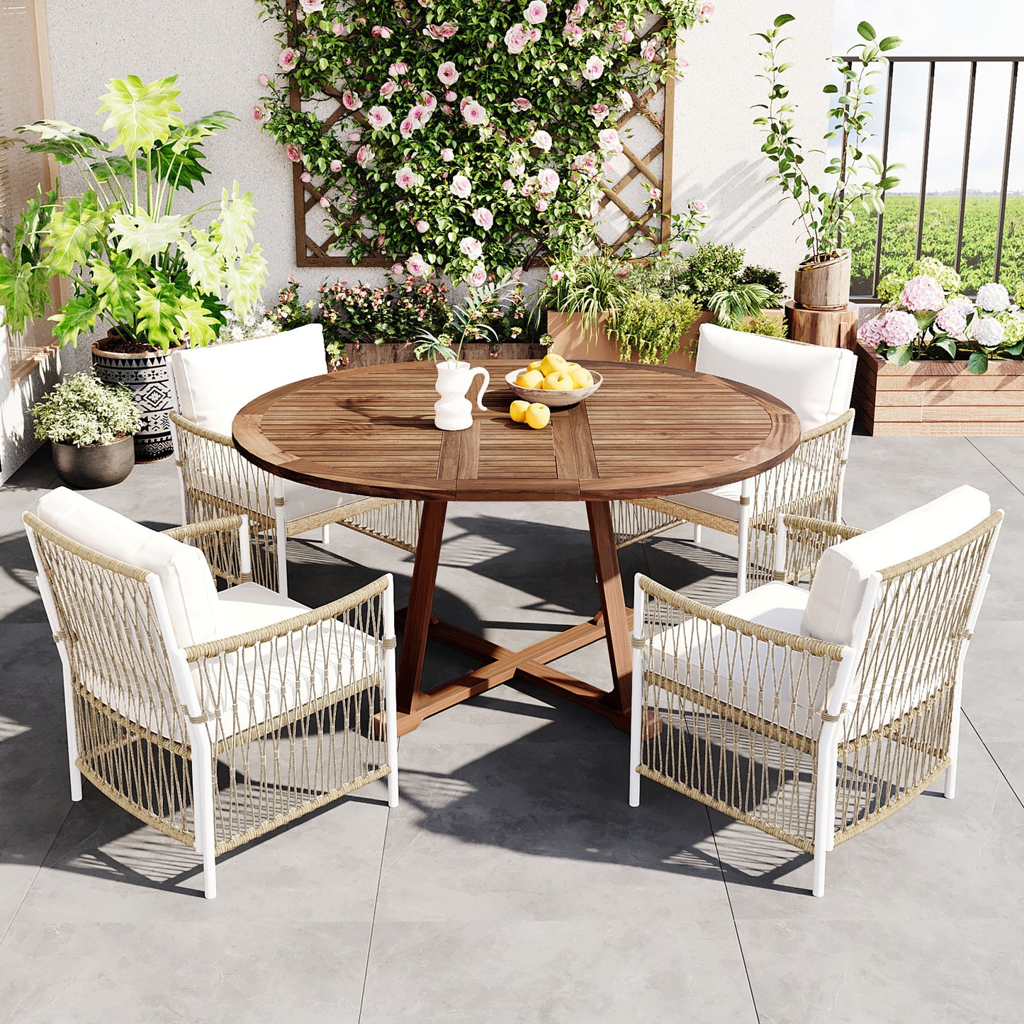 TOPMAX Modern 5-Piece Patio Extendable Wooden Dining Table Set, 12inch Butterfly Leaf Foldable Round Kitchen Table Set with 4 Rattan Arm Chairs for Backyard,Balcony, Garden, Poolside, Natural