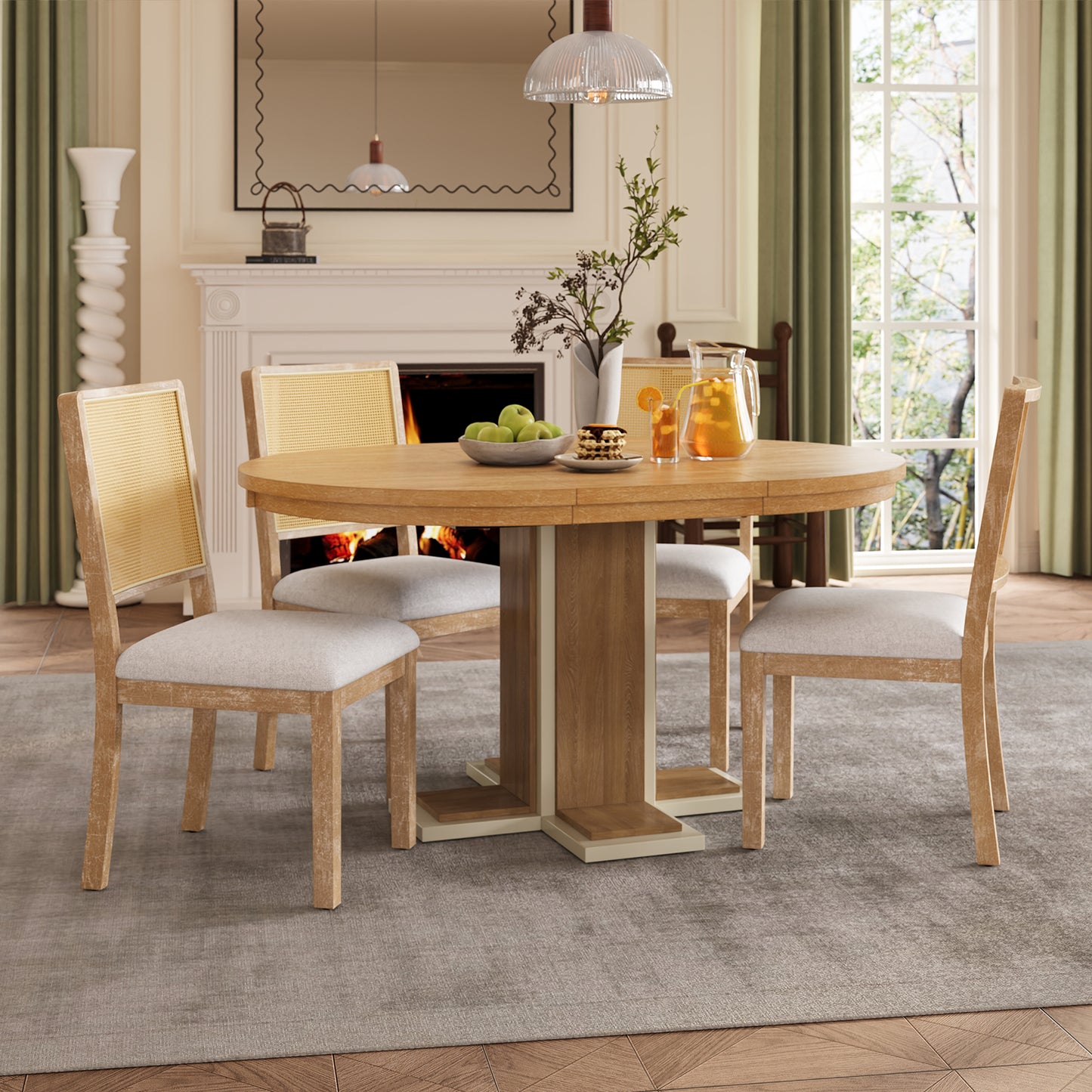 TREXM Round Dining Table for 4 with Chairs Set, Extendable Dining Table Set with 16' Removable Middle Leaf 5 Piece Retro Dining Table Set Double Layer Design for Kitchen Dining Room, Natural Wood Wash