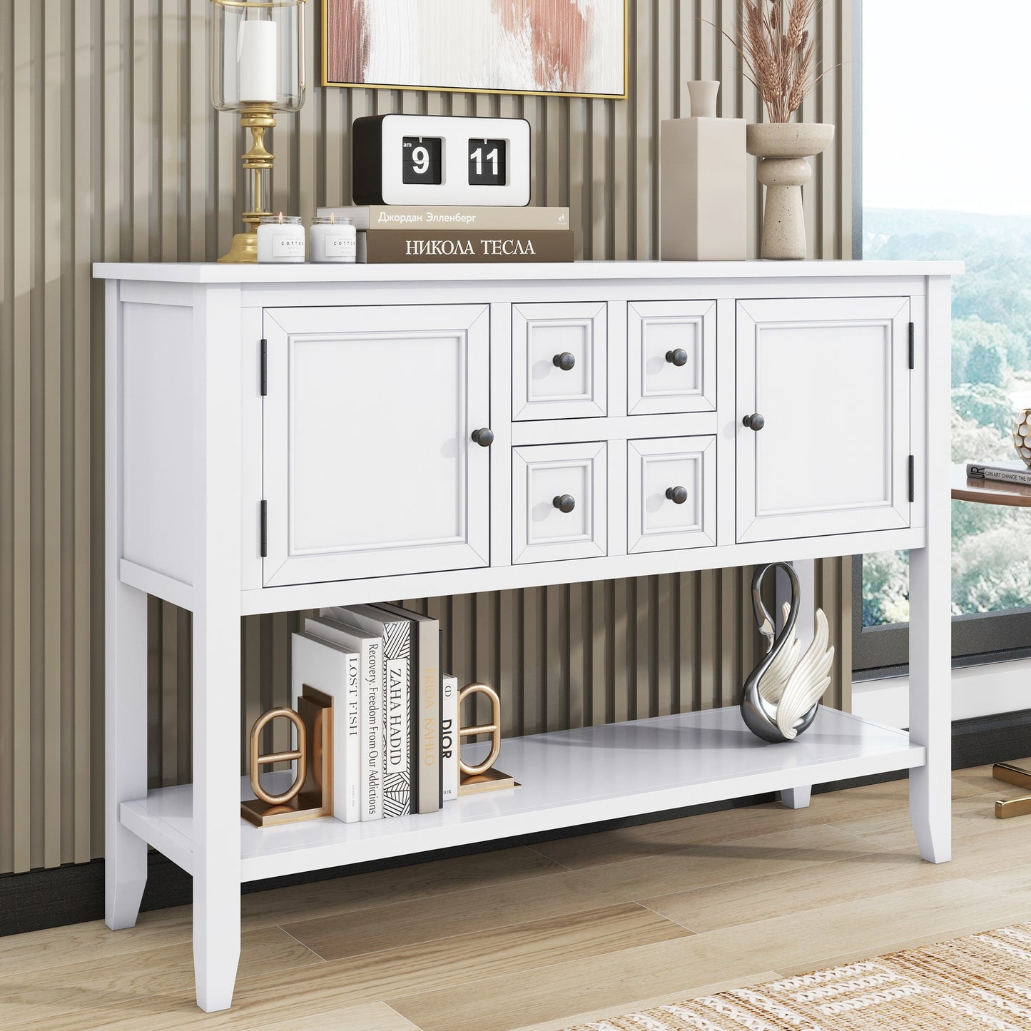TREXM Cambridge Series  Ample Storage Vintage Console Table with Four Small Drawers and Bottom Shelf for Living Rooms, Entrances and Kitchens (White, OLD SKU: WF190263AAA)