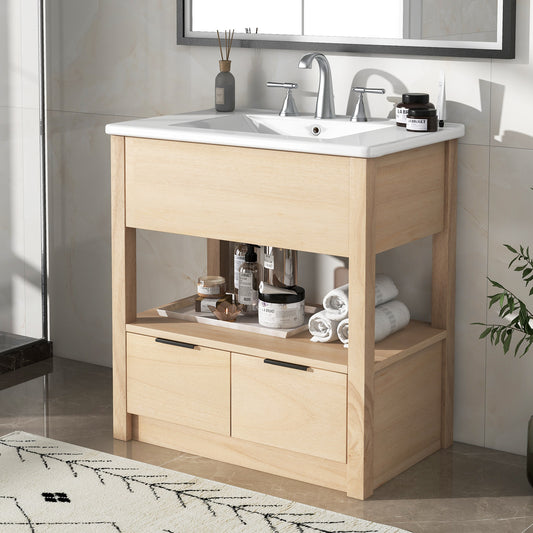30' Bathroom Vanity with Sink Top, Bathroom Cabinet with Open Storage Shelf and Two Drawers, One Package, Natural (Old Sku:WF311619AAD)