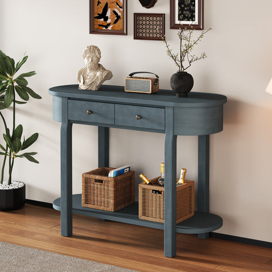 TREXM Elegant Retro Console Table with Curved Design and Smooth Glaze for Entryways, Living Rooms and hallways (Navy)