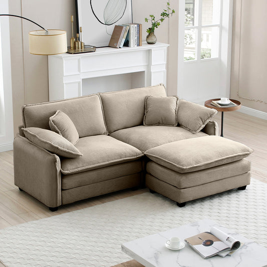 Two-Seater Sofa  with One Footrest, L-Shaped 2-Seater Sofa with Ottoman for Small Living Spaces,Tan Corduroy
