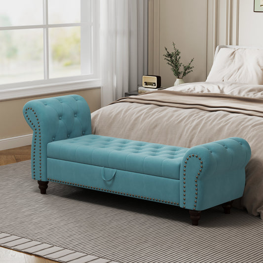 64.5' Bed Bench for Bed Room Nails Tufted Chaise of Lounge with Storage Velvet Upholstery Lake Blue