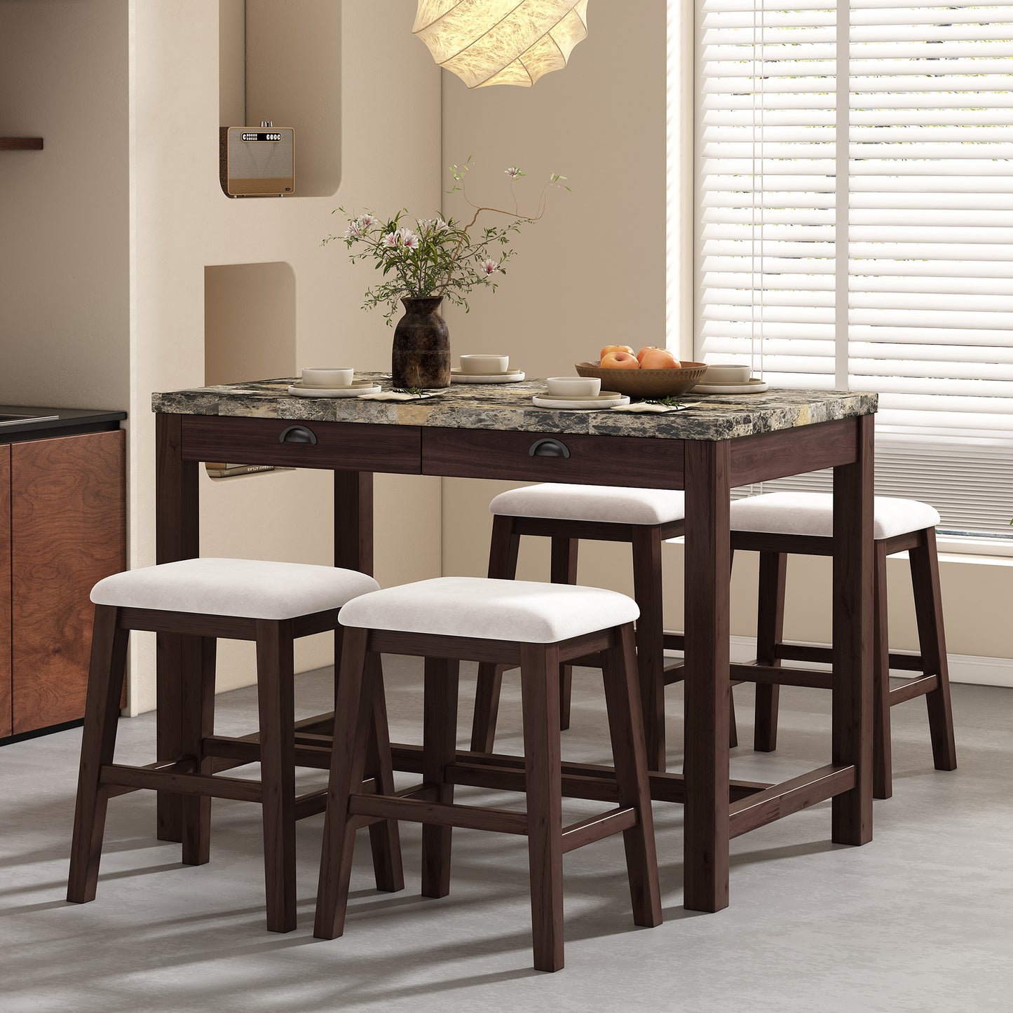 TREXM 5-Piece  Dining Table Set for 4, Counter Height Modern Kitchen Table and Chairs Set of 4 with Storage Drawers, Marble Dining Table with 4 Upholstered Chairs for Small Space (Walnut)