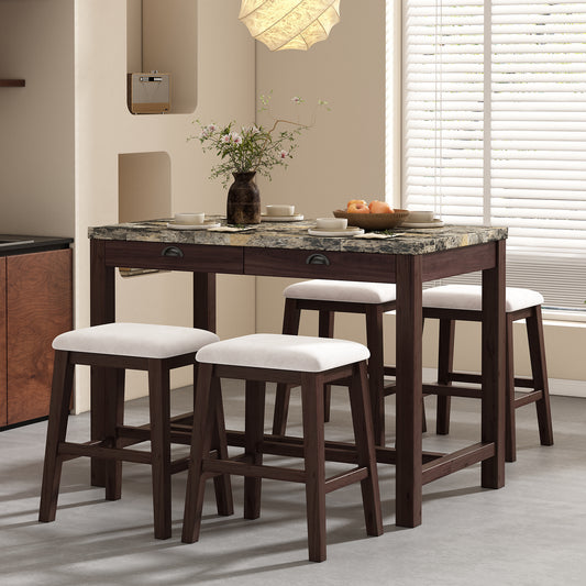 TREXM 5-Piece  Dining Table Set for 4, Counter Height Modern Kitchen Table and Chairs Set of 4 with Storage Drawers, Marble Dining Table with 4 Upholstered Chairs for Small Space (Walnut)