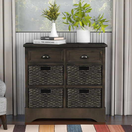 TREXM Rustic Storage Cabinet with Two Drawers and Four  Classic Rattan Basket for Dining Room/Living Room (Brown Gray)