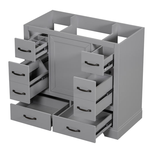36' Bathroom Vanity without Sink, Cabinet Base Only, Six Drawers, Multi-Functional Drawer Divider, Adjustable Shelf, Grey