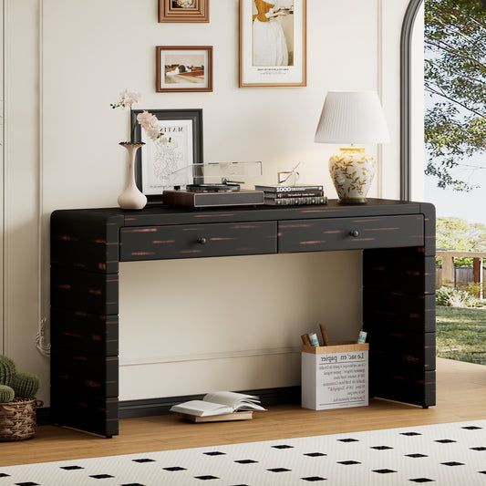 TREXM Curved Console Table with Storage, Wooden Entryway Table with 2 Drawers, Farmhouse Rustic Console Tables for Entryway, Hallway, Living Room, Distressed Black