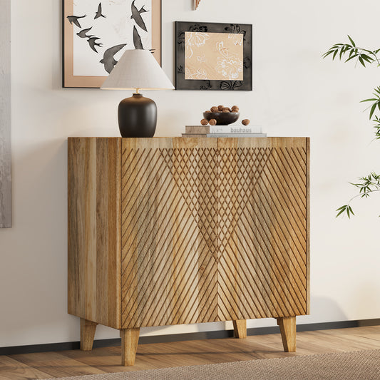 TREXM Wood Accent Cabinet with Storage, Rustic Mango Wood Storage Cabinet with Fluted Design and Adjustable Shelf for Dining Room, Kitchen, and Living Room (Natural)