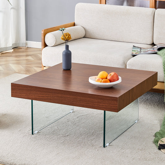 Walnut Colored Square MDF Coffee Table - 31.5'x31.5' with Tempered Glass Legs.Density Board Sticker,Reinforced Glass Legs.Walnut Colored Texture Sticker.