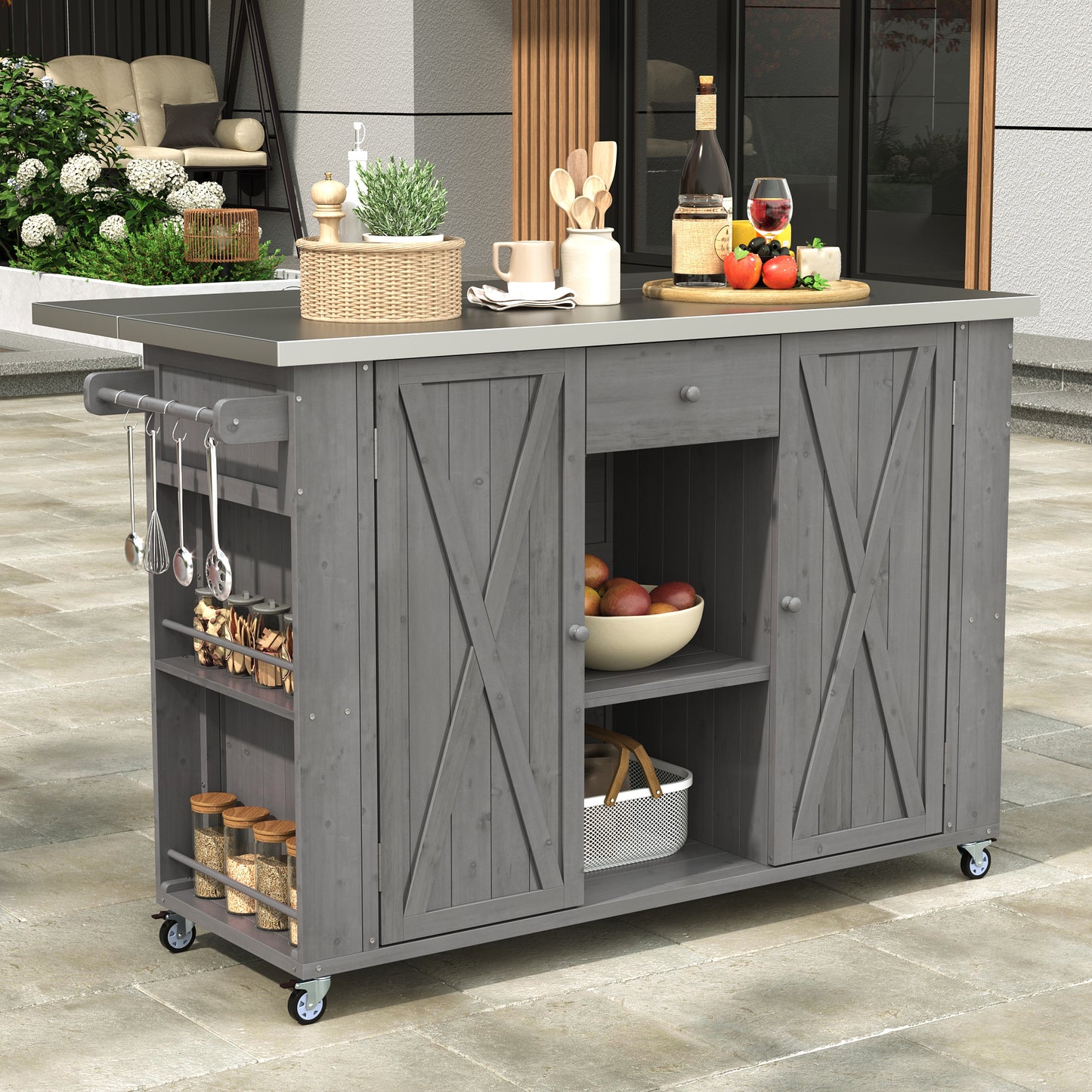 Outdoor Kitchen Island Fir Wood Kitchen Island with Stainless Steel Top, Ample Storage Space, Towel and Spice Racks and a Bottle Opener for Outdoor, Grey