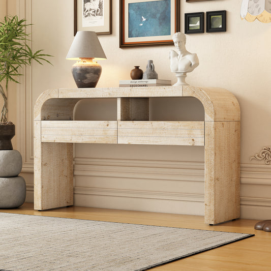 TREXM Console Table Entryway Table, Retro Curved Sofa Table with 2 Large Drawers, Narrow Console Table for Living Room Hallway Entrance, 52''×14''×31.5'', Natural Wood Wash