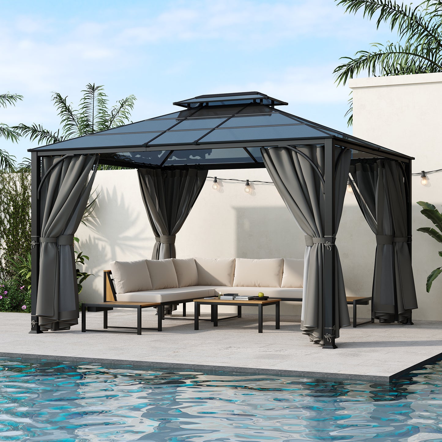 TREXM 10'x12' Hardtop Outdoor Gazebo, Heavy Duty Double Roof Patio Gazebo with Aluminum Frame, Double-Layer Side Walls Mosquito Netting & Privacy Curtains for Patio, Garden, Backyard (Grey)