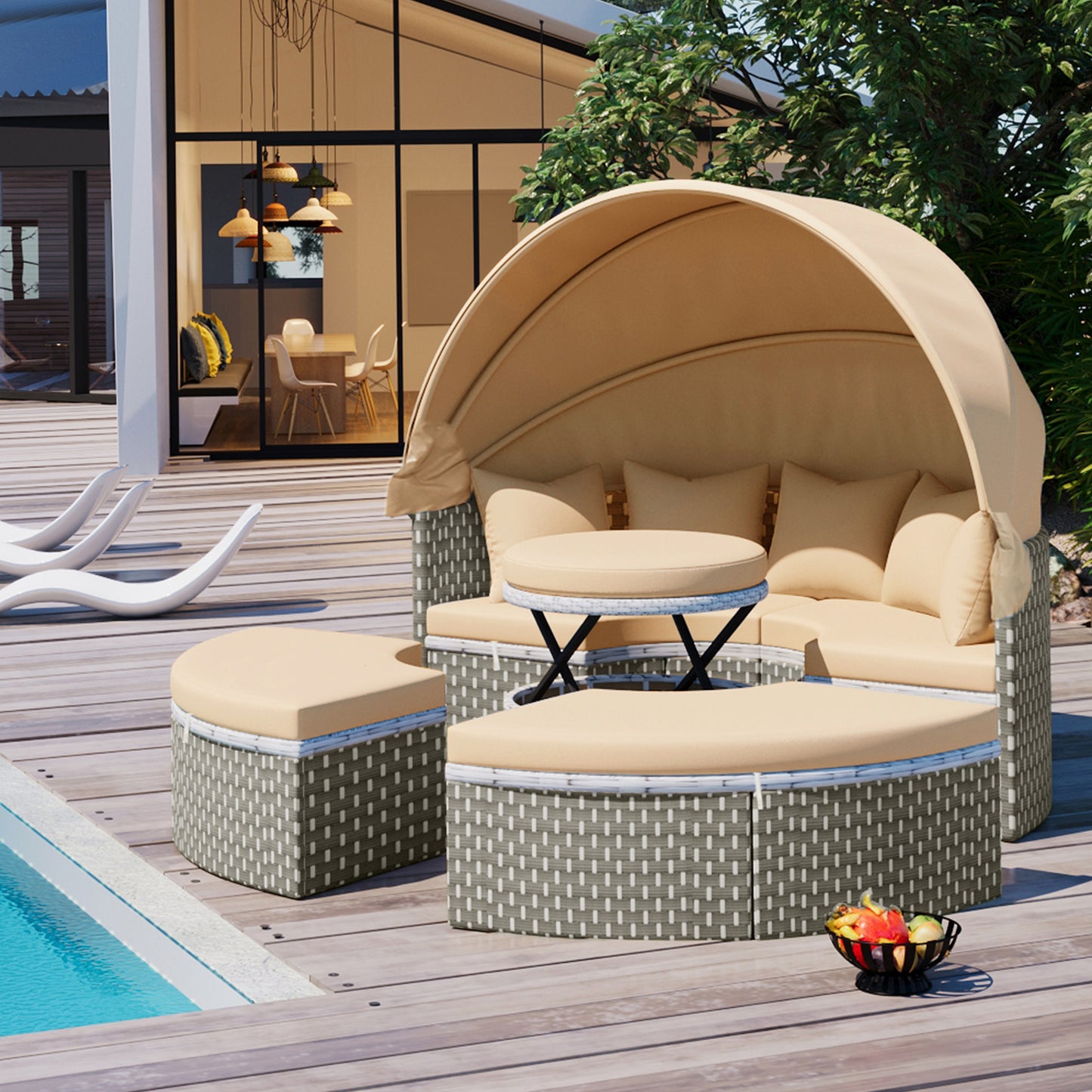 TOPMAX Patio Furniture Round Outdoor Sectional Sofa Set Rattan Daybed Two-Tone Weave Sunbed with Retractable Canopy, Separate Seating and Removable Cushion, Light Coffee