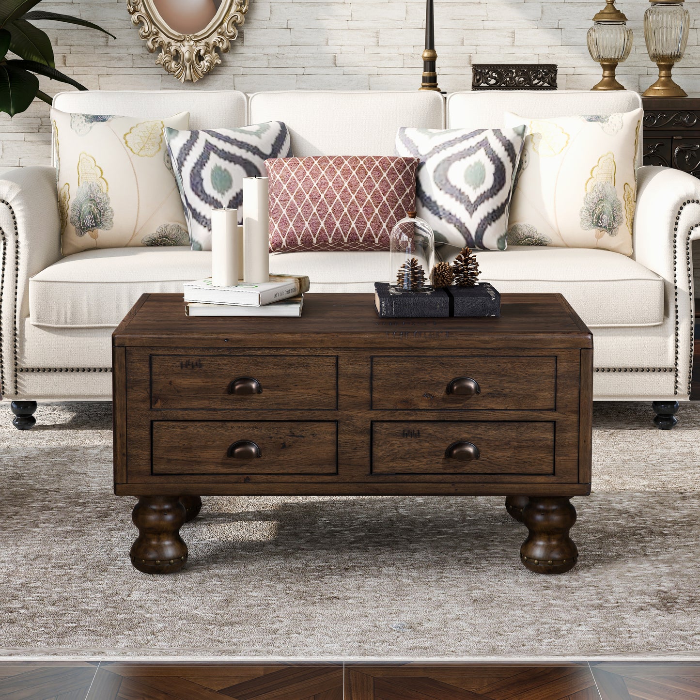 Solid Wood Rectangle Coffee Table for Living Room, 40-Inch Antique Coffee Table with 4 Drawers, Wood Center Table Tea Table with Rivet Decoration Legs.Easy Assembly, Espresso