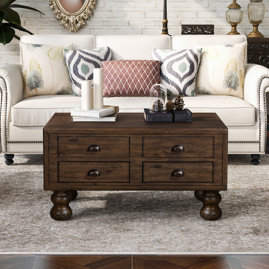 Solid Wood Rectangle Coffee Table for Living Room, 40-Inch Antique Coffee Table with 4 Drawers, Wood Center Table Tea Table with Rivet Decoration Legs.Easy Assembly, Espresso