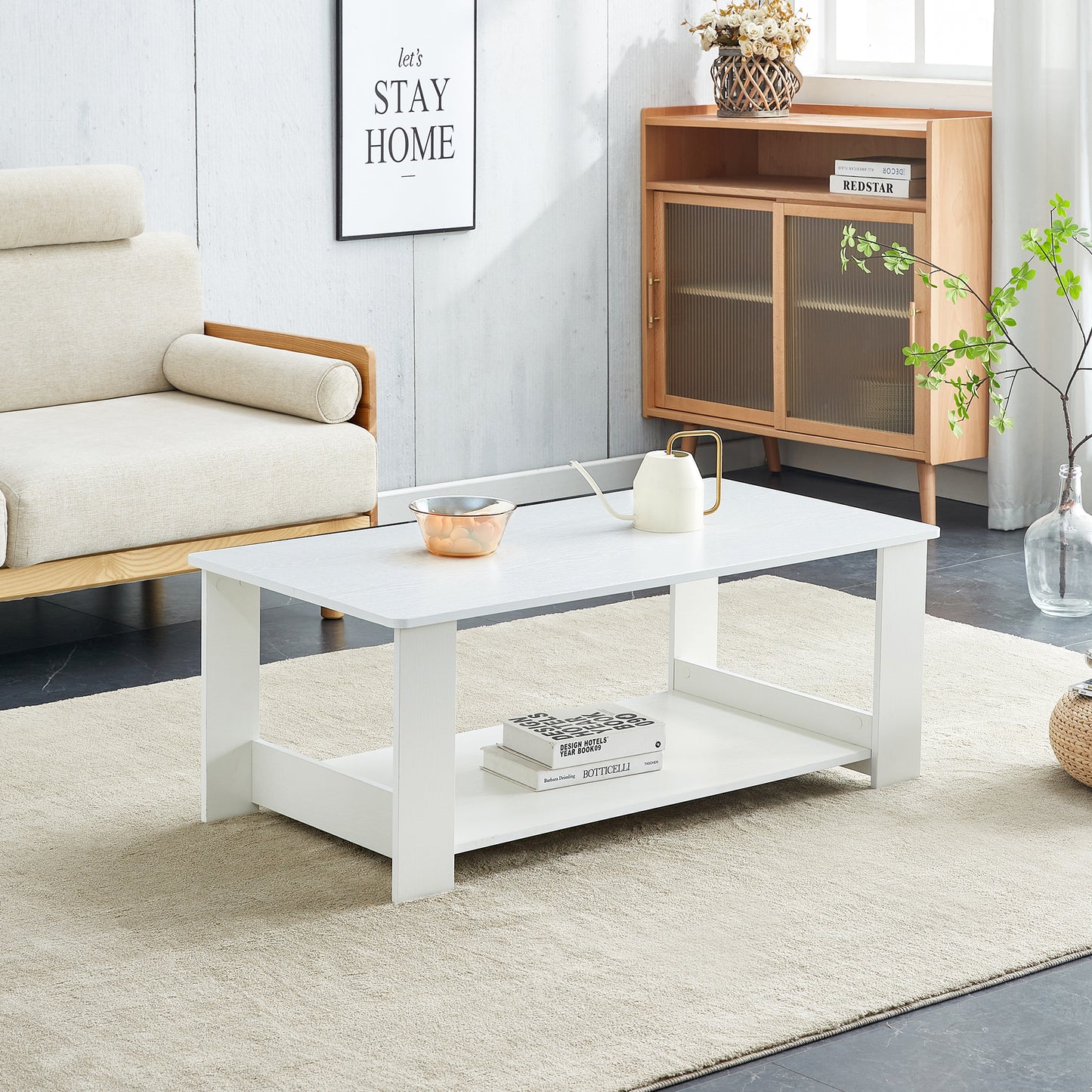 A modern and practical white coffee table and coffee table. The double layered coffee table is made of MDF material,. Suitable for living room, bedroom, and study.43.3'*21.6'*16.5' CT-16