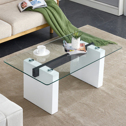 Modern minimalist transparent tempered glass coffee table , paired with white MDF decorative columns. Computer desk. Game table.W1151P152768