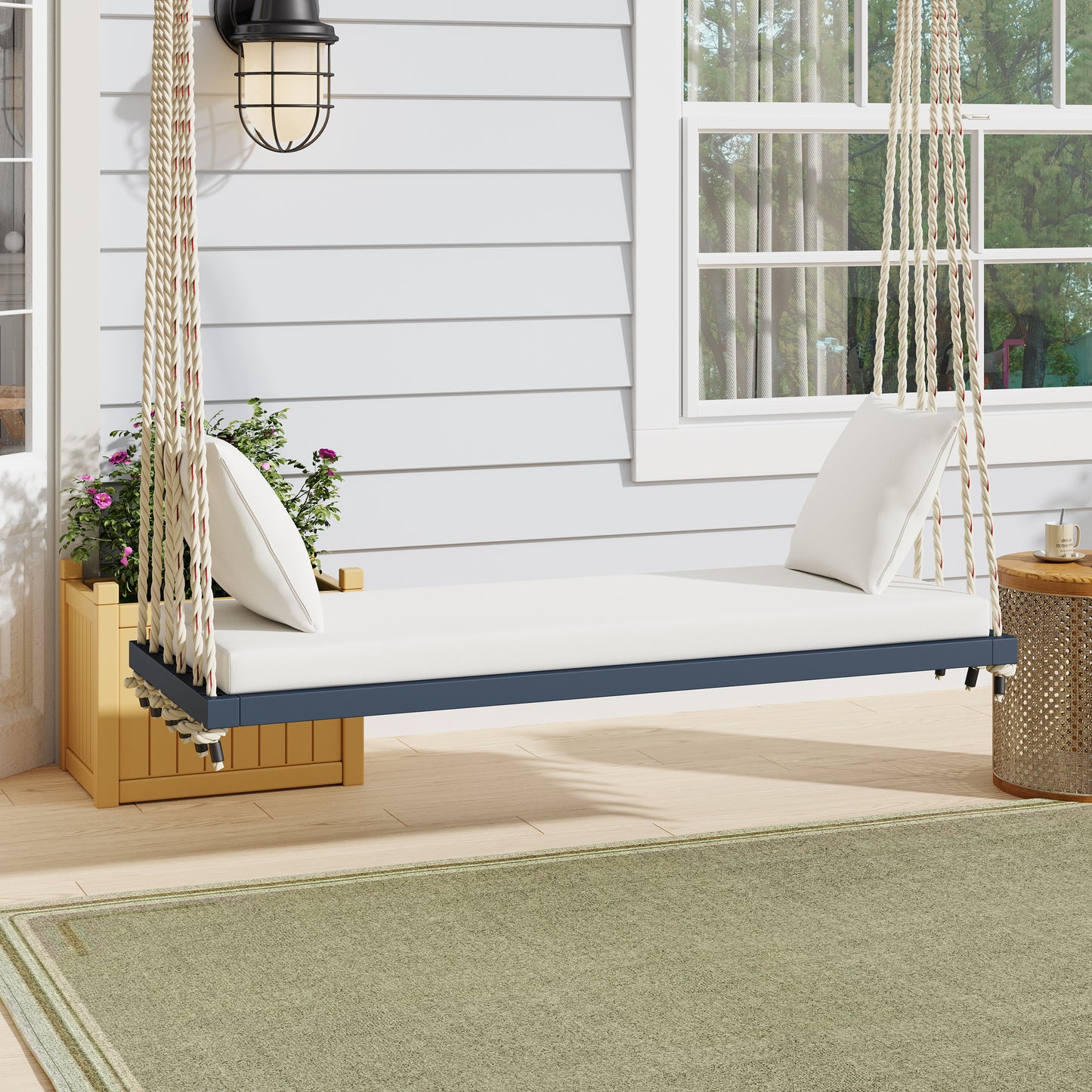 TOPMAX Patio Wooden Swing Chair, Hanging Porch Swing Bench with Cushion&Pillows, 10.8Ft Hemp Ropes for Garden,Backyard, Lawn,Gray