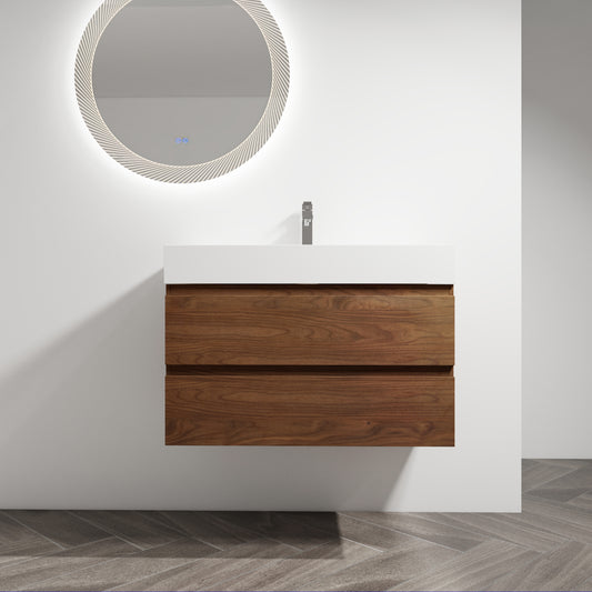 36' Wall-Mounted Bathroom Vanity With Resin Sink, 2-Soft Close Drawers, KD-Package