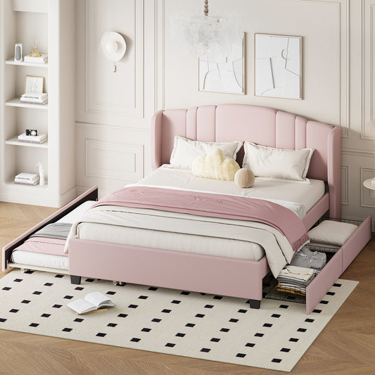 Upholstered Platform Bed with Wingback Headboard, One Twin Trundle and 2 Drawers, No Box Spring Needed, Linen Fabric, Queen Size, Pink