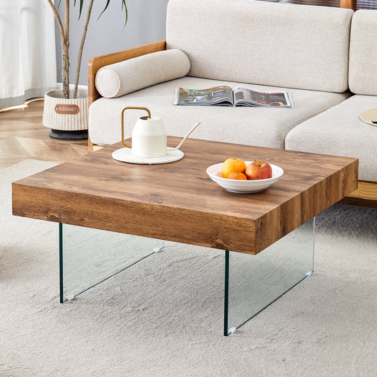 Natural Style Square MDF Coffee Table - 31.5'x31.5' with Tempered Glass Legs.Density Board Sticker,Reinforced Glass.