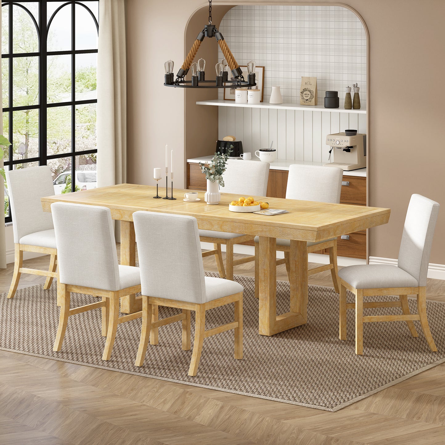 TOPMAX Traditional 7-Piece 72' Extendable Dining Table Set with 12inch Butterfly Leaf and 6 Upholstered Dining Table Set, Natural