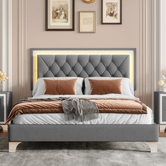 Full Size Upholstered Bed Frame with LED Lights,Modern Velvet Platform Bed with Tufted Headboard,Gray