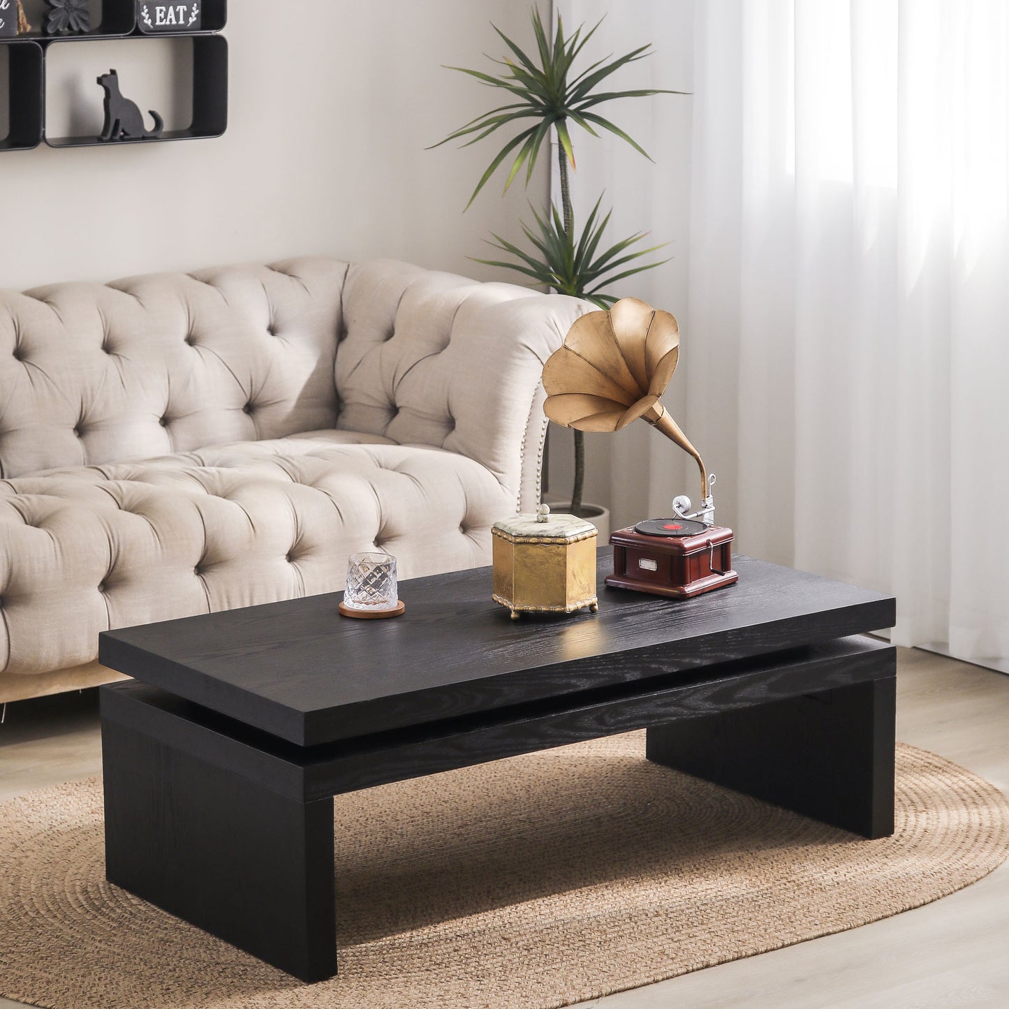 Modern Black Wood Coffee Table – Sleek Floating Top Design for Living Room 47.6' L* 23.6' W * 16.3' H