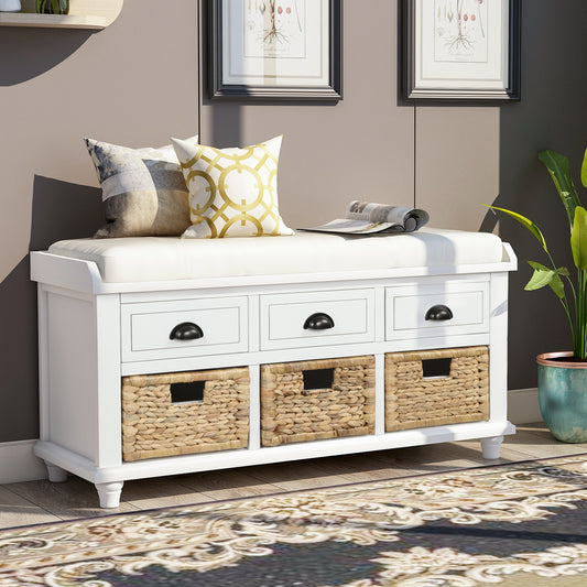 TREXM Rustic Storage Bench with 3 Drawers and 3 Rattan Baskets, Shoe Bench for Living Room, Entryway (White)