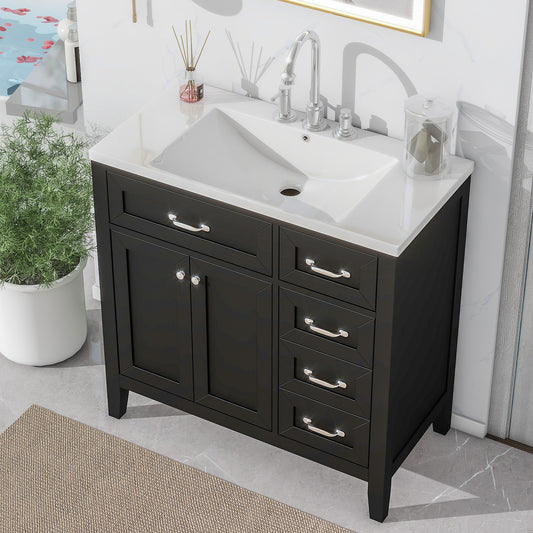 36' Bathroom Vanity with Sink Combo, Black Bathroom Cabinet with Drawers, Solid Frame and MDF Board (Old Sku:JL000007AAB)