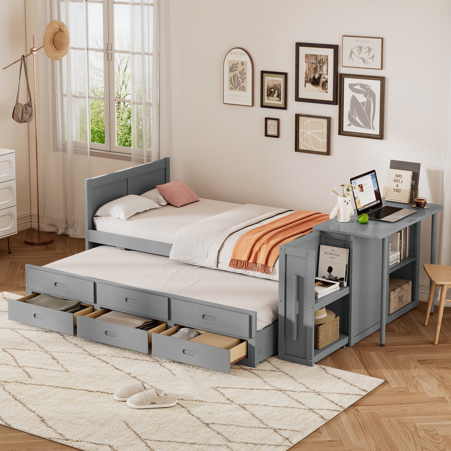 Twin Size Multifunctional Wood Platform Bed with Desk and Storage Shelf at the End of the Bed, Built-in Trundle and 3 Drawers, Gray