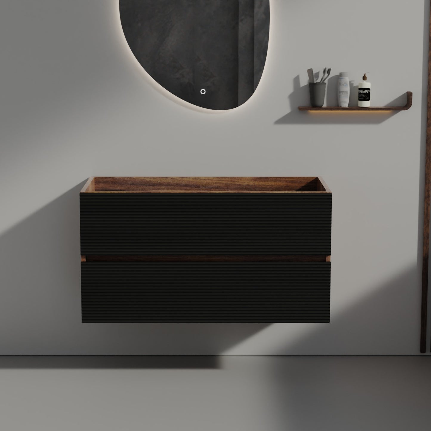 Wall-Mounted Cabinet WITHOUT Basin in Black & Walnut with 2 Drawers KD.