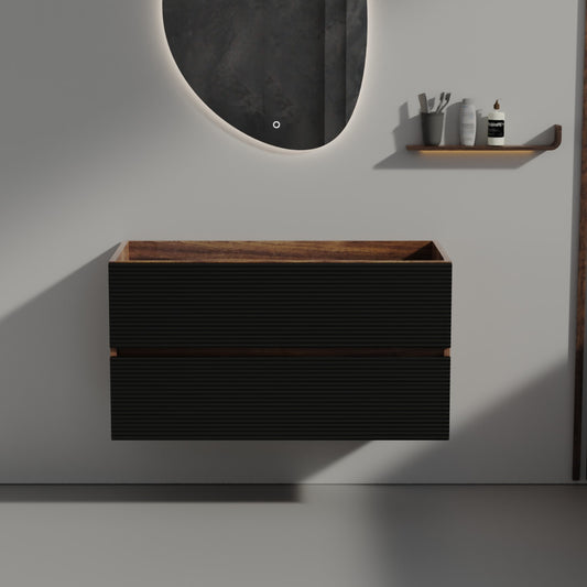 Wall-Mounted Cabinet WITHOUT Basin in Black & Walnut with 2 Drawers KD.