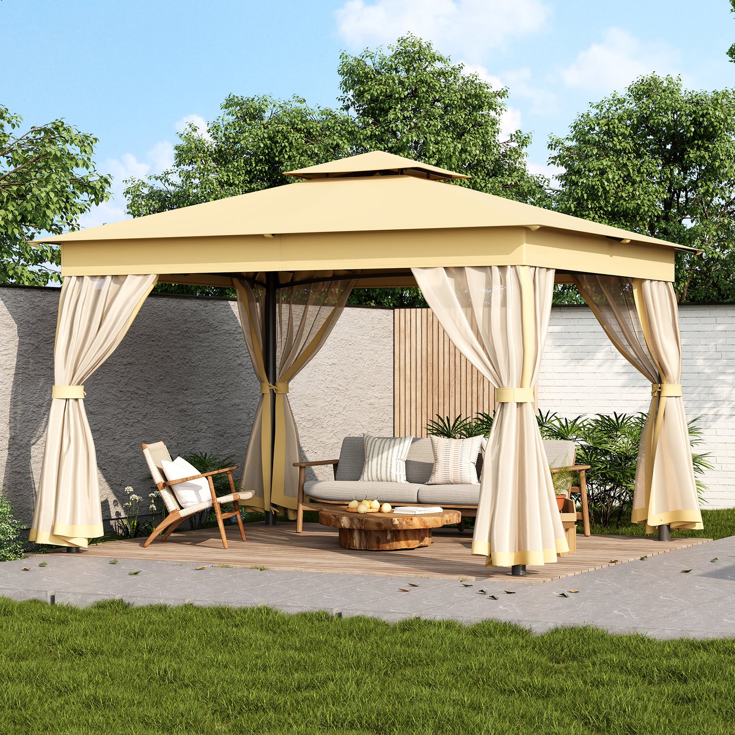 TREXM 10x12 Outdoor Gazebo Tent with Double Roofs, Patio Gazebo with Mosquito Netting, Patio Canopy for Backyard, Garden, Lawn and Deck (Beige)