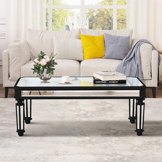 Silver Mirrored Coffee Table, Black Vintage Carved Wooden, Rectangle Glass Tea Table with Mirrored Finish, Modern Center Table for Living Room and Office (24' D x 48' W x 18' H)