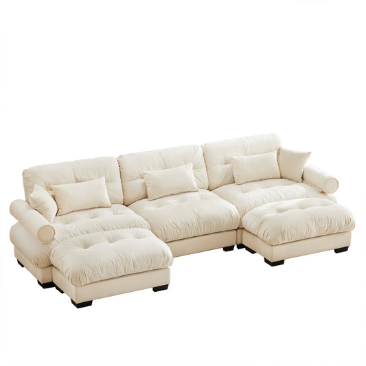 Modern U Shape Modular Sectional Sofa Couch with Movable Ottomans, Cream Velvet, Convertible L Shaped with Pillows and Bolstered Armrests
