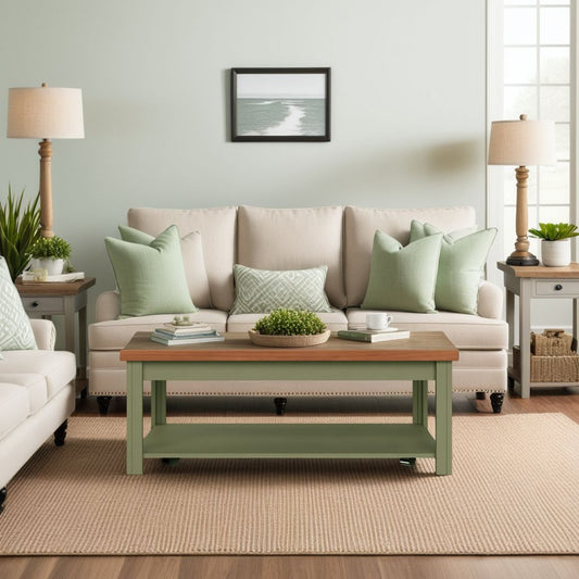 48 inch Coffee Table, No Assembly Required, Sage Green and Fruitwood Finish
