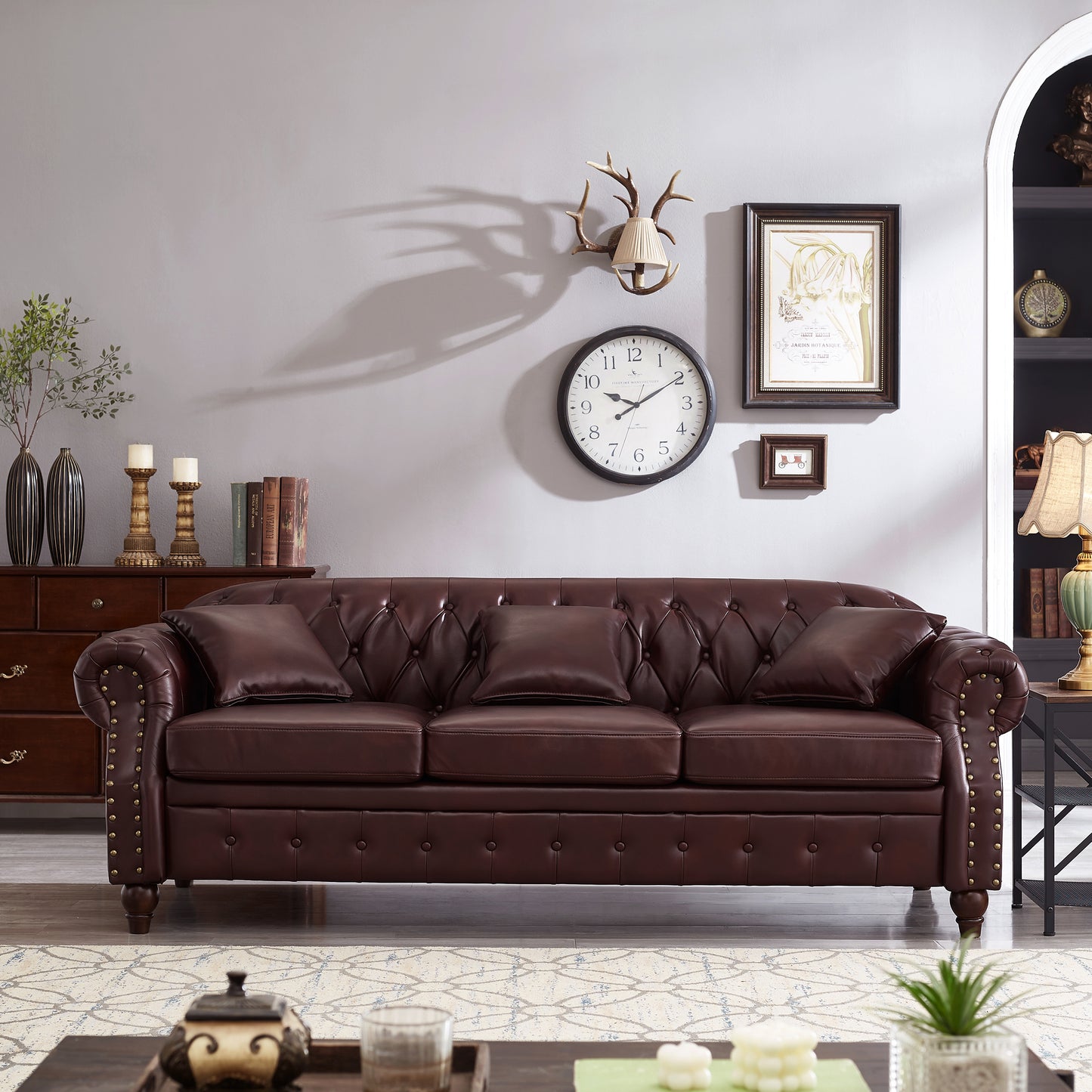 85.8' Living Room Chesterfield Sofa Classic Tufted Design Faux Leather PU Upholstered Sofa with Storage (Burgundy)