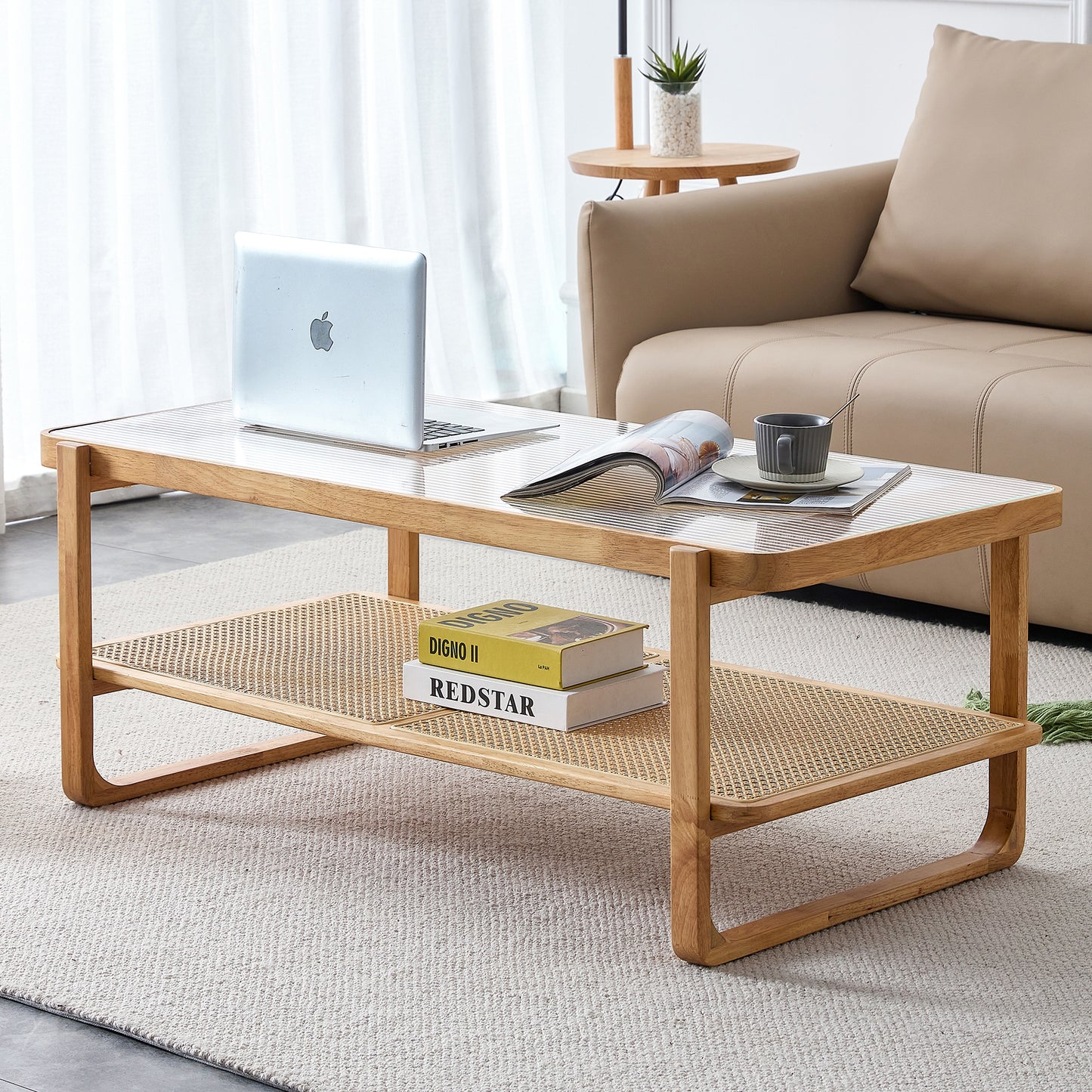 Modern simple rectangle double-layer solid wood Glass desktop tea table rattan woven Chinese side table small rectangle table suitable for living room, dining room and bedroom