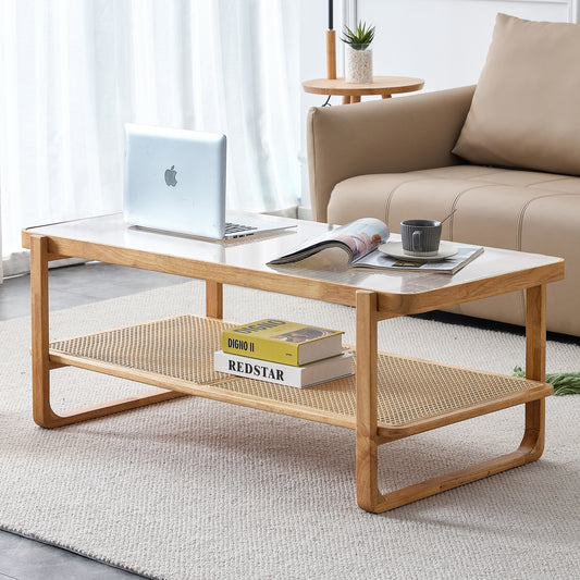 Modern simple rectangle double-layer solid wood Glass desktop tea table rattan woven Chinese side table small rectangle table suitable for living room, dining room and bedroom