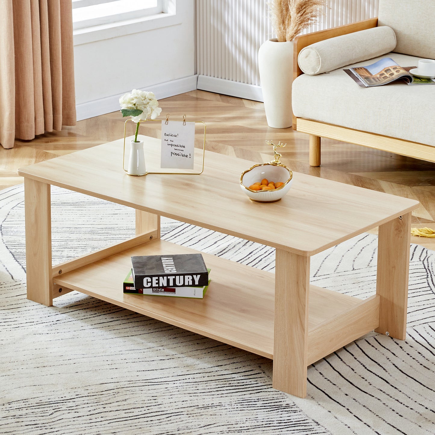 A modern and practical log colored textured coffee table,tea table. The double-layer coffee table is made of MDF material. Suitable for living room 43.3'*21.6'*16.5'