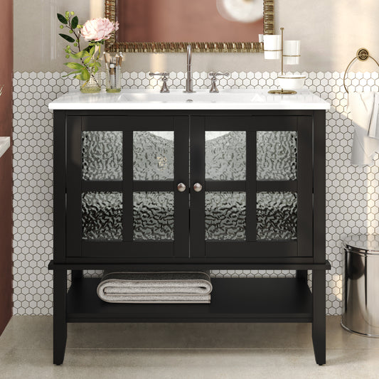 36' Bathroom Vanity with Ceramic Sink, Bathroom Vanity with Adjustable Shelf and Open Shelf, with Solid Wood Legs, Waterproof Painted Finish, Silver Metal Knobs and Soft Close Hinges Design, Black