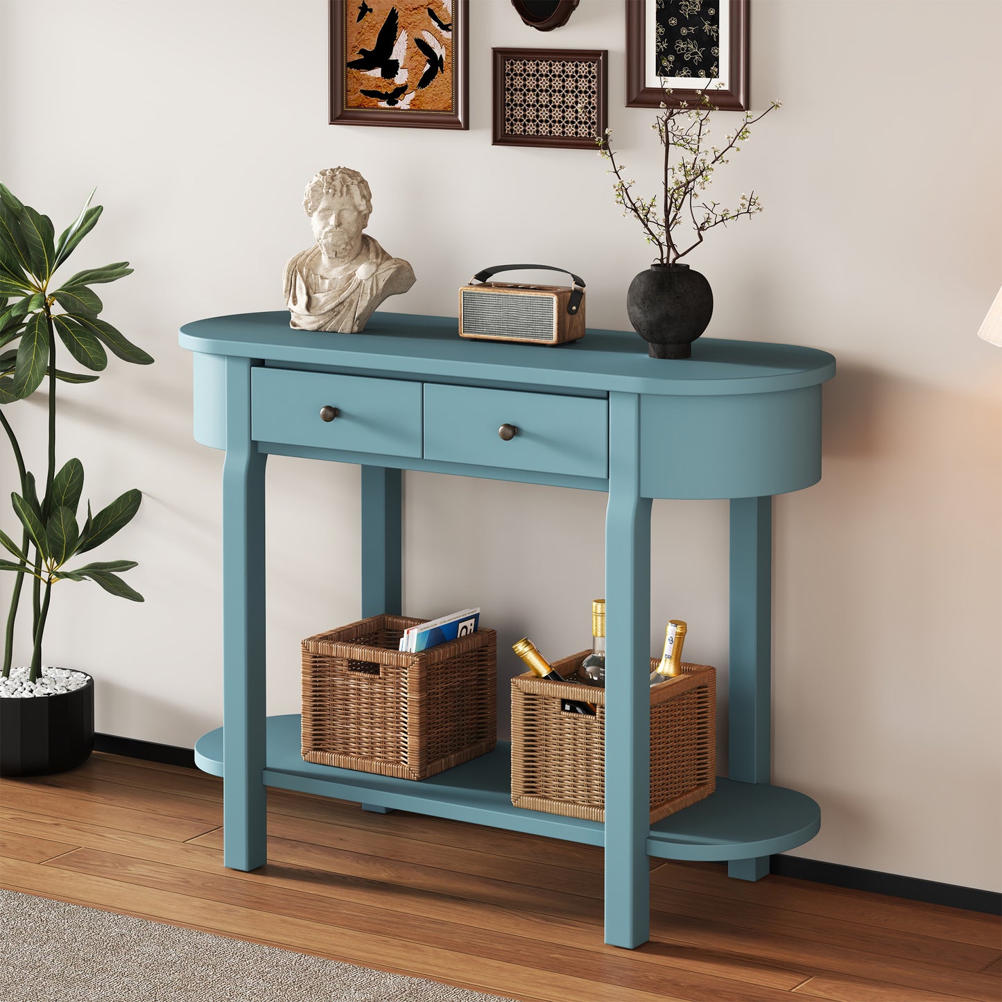 TREXM Elegant Retro Console Table with Curved Design and Smooth Glaze for Entryways, Living Rooms and hallways (Turquoise Green)