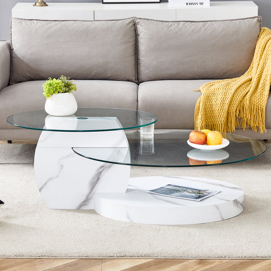 Modern White Marble Pattern Double Layer Coffee Table - Versatile Design, Multiple Colors Available.Density Board Sticker,Reinforced Glass,Oval countertop.