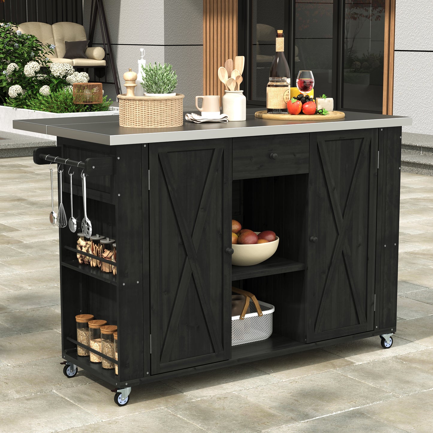 Outdoor Kitchen Island Fir Wood Kitchen Island with Stainless Steel Top, Ample Storage Space, Towel and Spice Racks and a Bottle Opener for Outdoor, Black