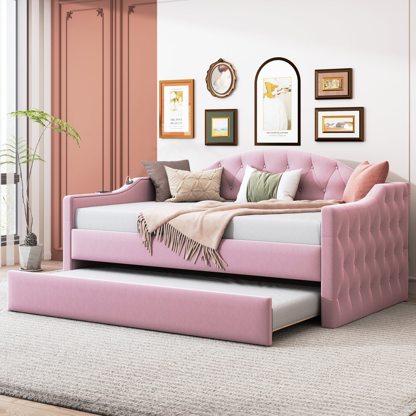 Twin Size Tufted Upholstered Daybed with Trundle ,Velvet Sofabed with USB&Type-C Charging Ports,No Box-spring Needed, Pink