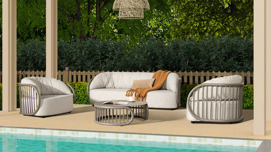 Harper 34.5' Indoor/Outdoor Modern Round Coffee Table, Geige Taupe Aluminum